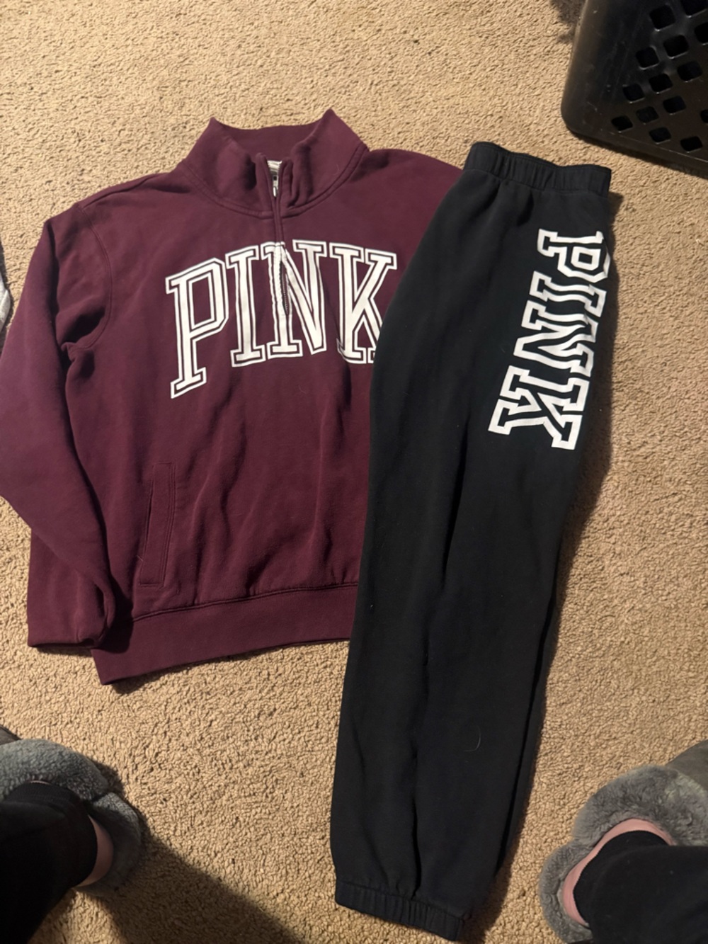 PINK Victoria's Secret Maroon Quarter-Zip Sweatshirt & Black Joggers Set